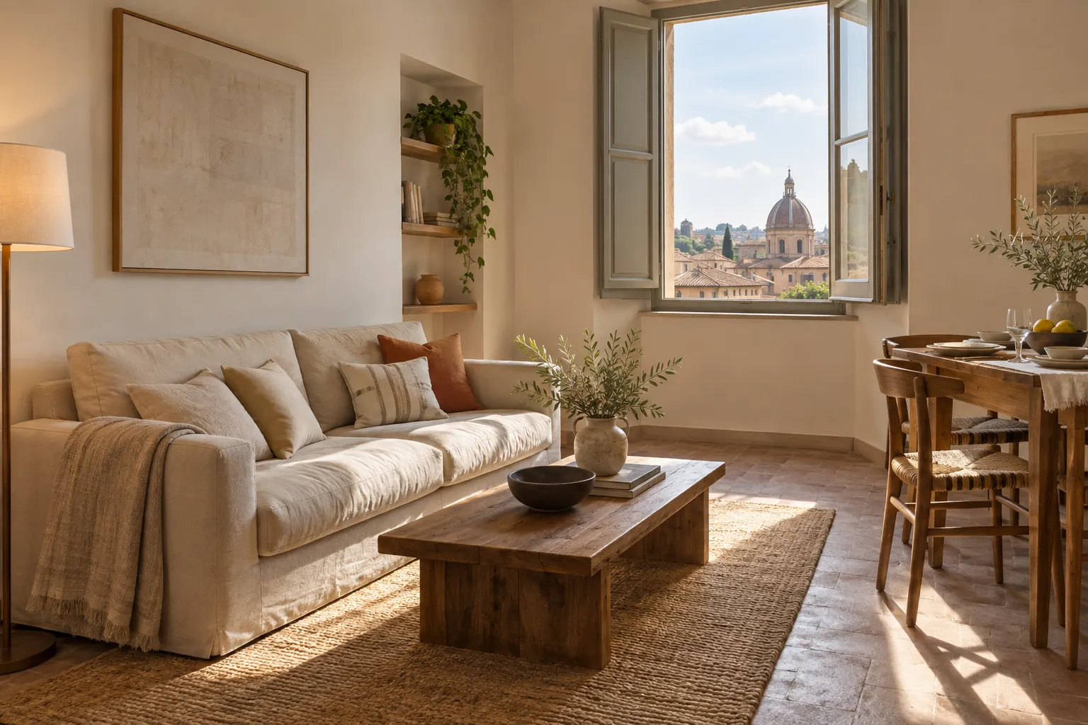 Soggiorno di un appartamento curato con vista sui tetti italiani